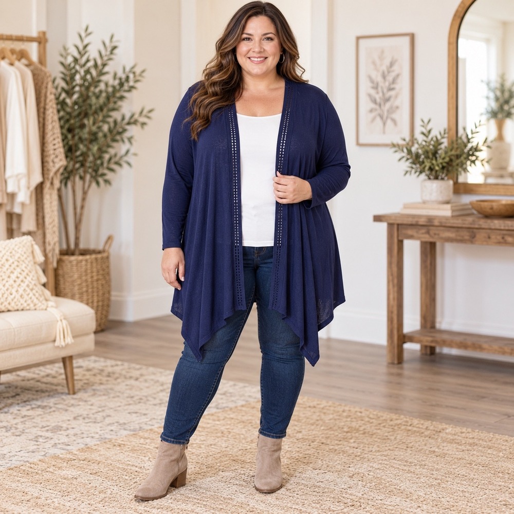 Maurices Navy Blue Open Front Crochet Back Sharkbite Cardigan Size 3 NWT
